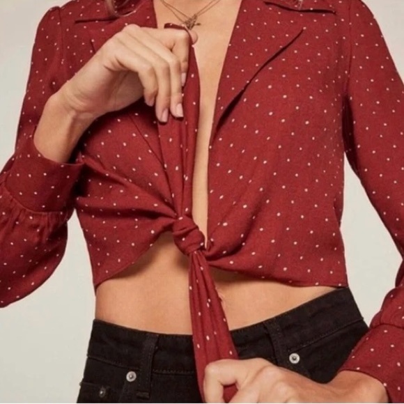 Reformation Dottie Red Polka Dot Tie Front Long Sleeve Cropped Blouse Crimson XS - Picture 5 of 10